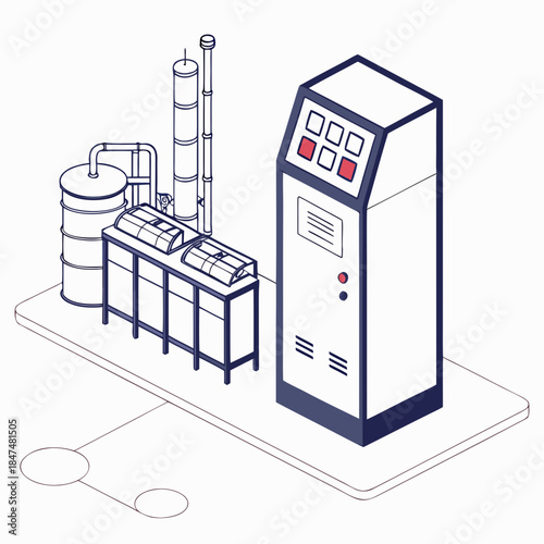 Industrial automation console with control panel and machinery