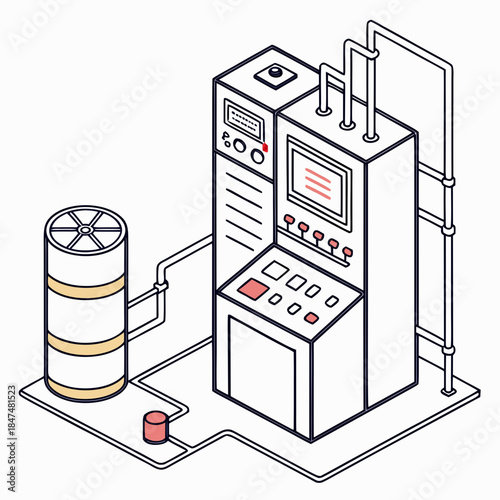 Isometric view of industrial automation console connected to cylindrical storage tank