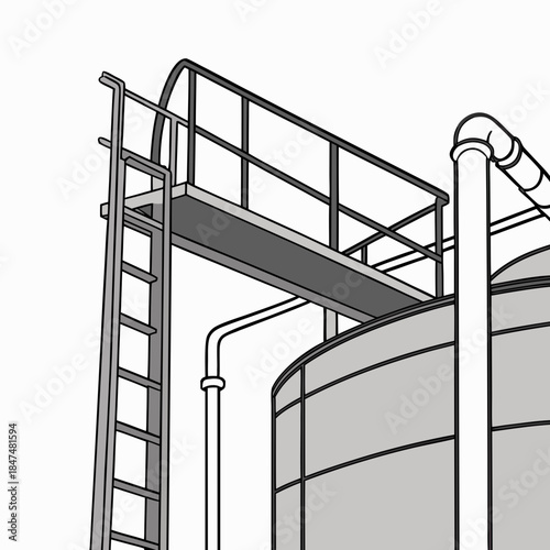 Metal ladder and catwalk beside cylindrical tank with pipes