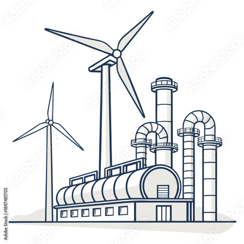 Wind turbines and industrial factory complex with pipes