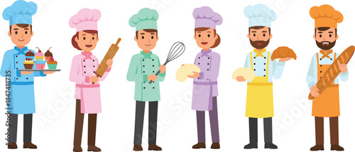 Colorful cartoon chef characters set, professional bakers and cooks holding tools, flat vector illustration for restaurant, bakery, food branding projects