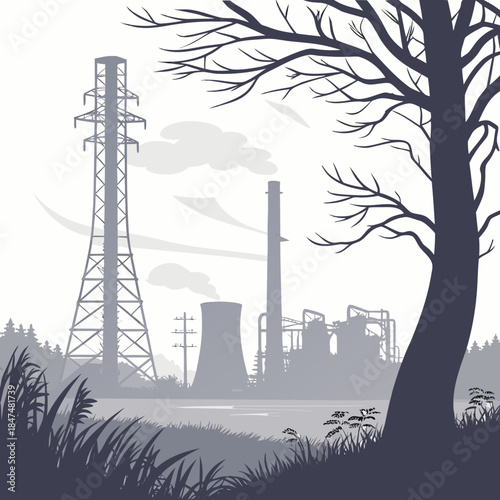 Foggy industrial zone with power plant and bare tree