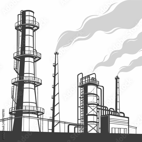 Refinery towers with angled smoke trajectories industrial