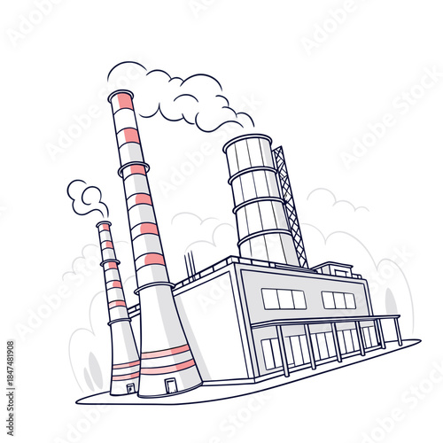 Industrial refinery with smokestacks and steam factory