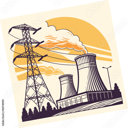 Electric power station with smoke and sunset light