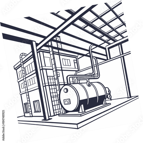 Industrial boiler house with multiple pipelines and machinery