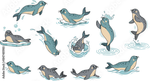Cute cartoon seals swimming and jumping in water, playful baby seal characters set, marine animal illustration isolated on white