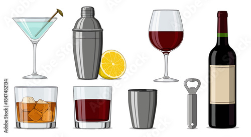 Cocktail Preparation Tools and Glassware Set Displayed on White Background for Beverage Mixing and Serving