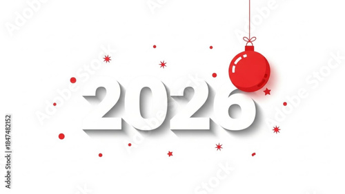 Happy New Year 2020 text with red Christmas ornament and stars festive holiday greeting design