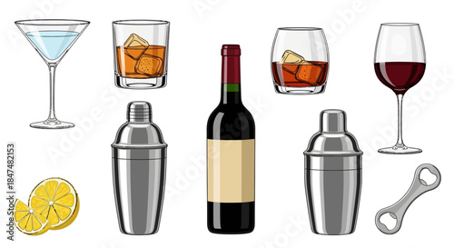 Assorted cocktail ingredients and wine displayed on a clean white background from a straightforward viewpoint.