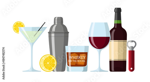 Assorted Drinks and Mixers on a White Background