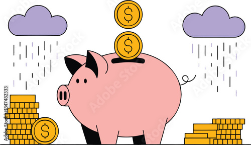 Piggy bank with digital coin rain, modern savings concept, cyber currency, transparent background