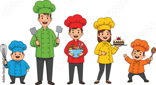 Cute cartoon chefs family illustration, colorful cooks holding food and kitchen tools, kids and adults cooking together, bakery, restaurant, culinary teamwork