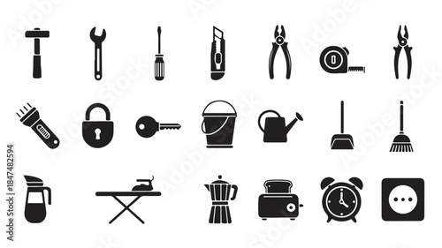 Black Icons of Household Tools and Objects on White Background