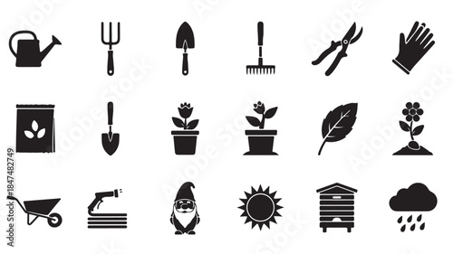 Gardening Tools and Icons on White Background