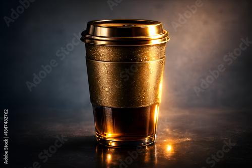 Luxury Takeaway Coffee Cup with Warm Golden Light, Dark Moody Background, Hot Beverage Concept, Minimal Cafe Branding Mockup