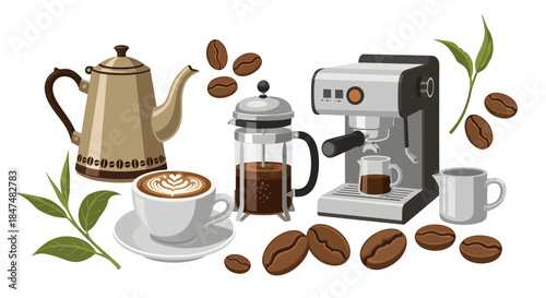 Coffee equipment and beans arranged on a clean white surface with a coffee maker, cups, and a kettle