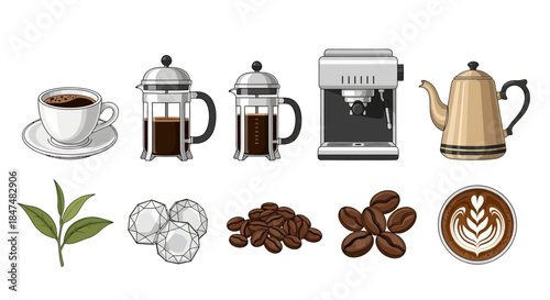 Coffee preparation process illustrated with various coffee makers and coffee beans on a clean white background