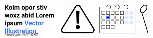 Time management, deadlines, reminders, scheduling, event planning, urgency. A warning symbol, calendar with a highlighted day and magnifying glass. Time management and deadlines