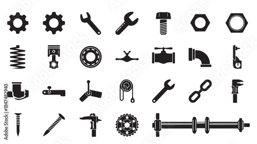 Black and White Industrial Tools and Equipment Icons