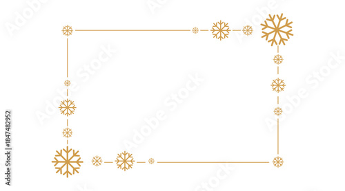 Elegant golden snowflake border on white background, minimalist festive frame for Christmas or winter holiday greeting cards, invitations, posters, and seasonal design projects, copy space centered.