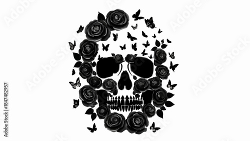 Dark floral skull art with fluttering butterflies, symbolizing mystery and the ephemeral nature of life.