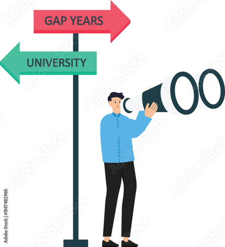 Learning life and looking for motivation to achieve goals, Gap year and high school graduates carry backpacks and meet road signs of life's choices to decide which path to take.
