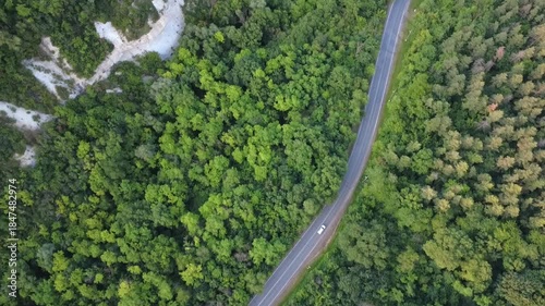green grass background, fly above road in forest