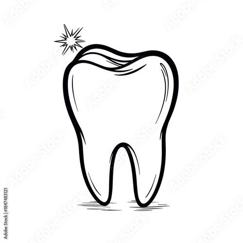 Tooth line art with whitening effect, dental hygiene and oral care illustration