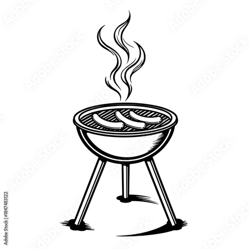 Barbecue grill with sausages and smoke in line art style, outdoor cooking and summer picnic illustration
