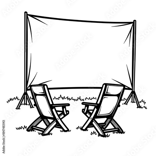 Outdoor movie screen with folding chairs, leisure entertainment and summer night cinema setup