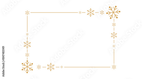 Elegant golden snowflake border on white background, minimalist festive frame for Christmas or winter holiday greeting cards, invitations, posters, and seasonal design projects, copy space centered.
