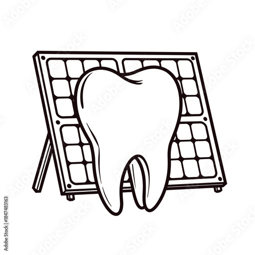 Tooth in front of solar panel, dental health and renewable energy concept