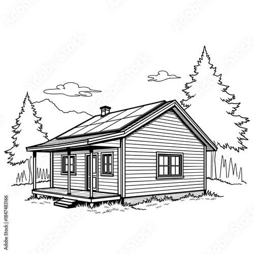 Solar panel on cabin roof in summer woodland, renewable energy and sustainable living