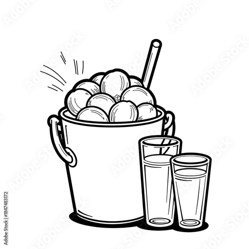 Line art of ice bucket with lemonade pitcher and glasses, refreshing drink and summer party essentials