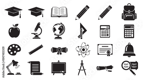 Education Icons Set with Graduation Cap, Books, and School Supplies on White Background