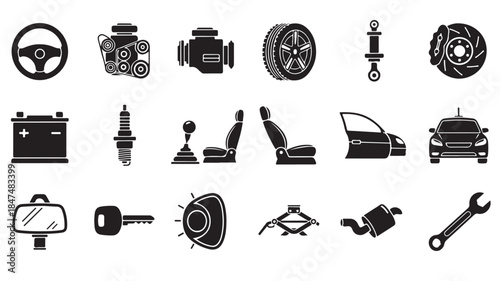 Black Car Parts and Tools Icons on White Background
