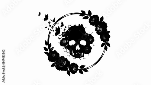 Dark floral wreath encircles a striking skull with fluttering butterflies escaping