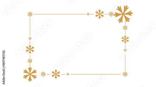 Elegant golden snowflake border on white background, minimalist festive frame for Christmas or winter holiday greeting cards, invitations, posters, and seasonal design projects, copy space centered.