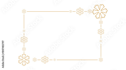 Elegant golden snowflake border on white background, minimalist festive frame for Christmas or winter holiday greeting cards, invitations, posters, and seasonal design projects, copy space centered.
