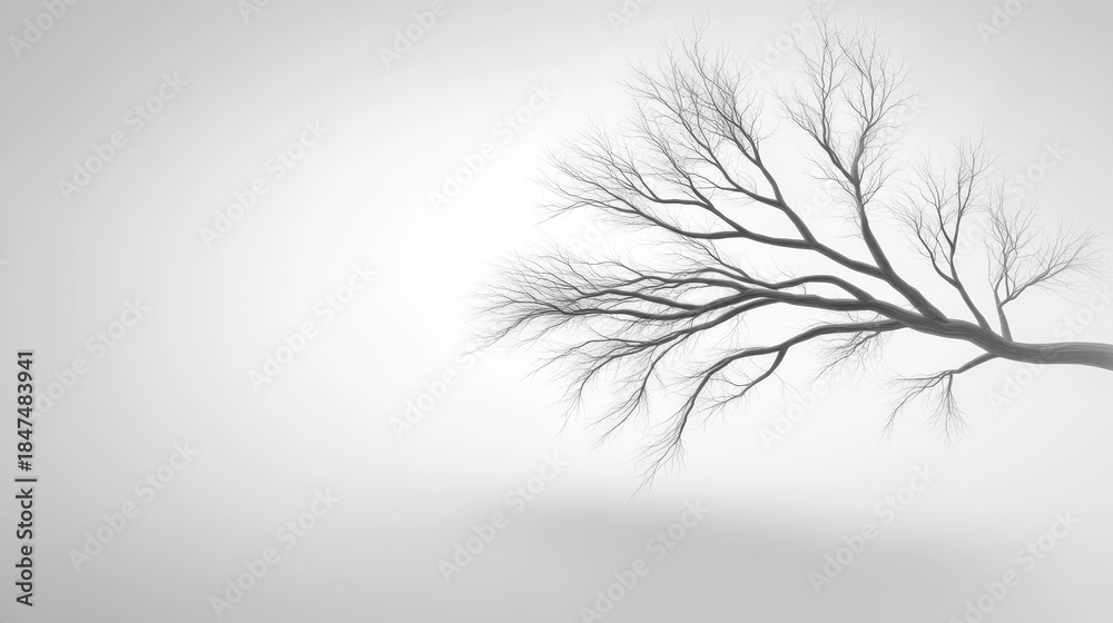 Obraz premium Bare tree stands solitary in dense fog leafless tree silhouette emerges from thick cold fog
