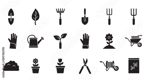 Gardening Tools Icons on White Background