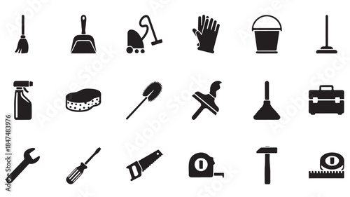 Black Cleaning Tools and Hardware Icons on White Background