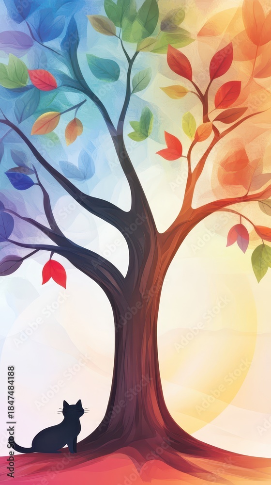 Fototapeta premium Cat sits under leafy tree feline rests peacefully under tree s green leaves cat - feline rests peacefully under tree s green leaves