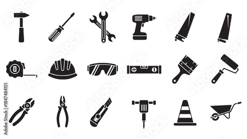 Construction Tools Icons on White Background
