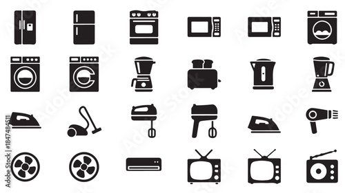 Black Home Appliance Icons on White Background