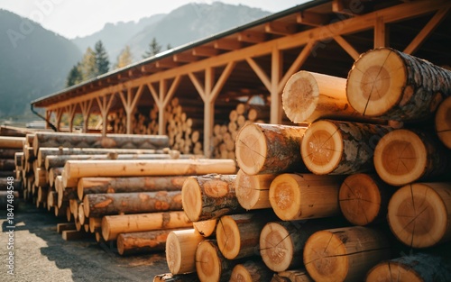 A large quantity of cut timber logs is stacked neatly under a wooden shelter with a mountain background.
