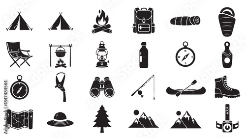 Camping Icons Set with Tent, Fire, Gear and and Outdoor Equipment