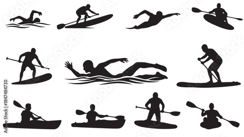 Black Silhouettes of People Surfing, Kayaking, and Paddleboarding on Water