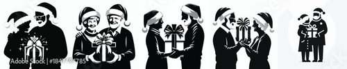 vector silhouette of old couple holding a gift together